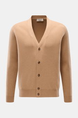 Front view of Fioroni Cashmere cardigan light brown mottled, slim fit with smooth button placket, flexible ribbed bands, fine knit, and very soft pure baby cashmere craftsmanship from Italy.