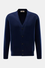 Front view of Fioroni Cashmere cardigan dark blue, a slim fit, fine knit baby cashmere piece with smooth button placket and flexible ribbed bands, showcasing exquisite Italian craftsmanship.