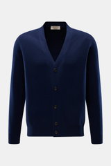 Front view of Fioroni Cashmere cardigan dark blue, a slim fit, fine knit baby cashmere piece with smooth button placket and flexible ribbed bands, showcasing exquisite Italian craftsmanship.