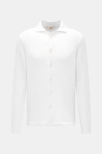 Fioroni Cardigan weiß aus reiner Baumwolle, Slim Fit mit Umlegekragen, acht Knöpfen, weichem Griff, mittelfeinem Strick, Rippbündchen, Saumschlitzen, frontal fotografiert.