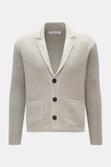 Alt tag (124 characters):
Front view of Iris von Arnim Cardigan 'Larion' grey mottled with voluminous brioche knit, rib collar, three-button placket, pockets.

Detailed description:
A luxurious knitwear essential: With its voluminous brioche knit in the f