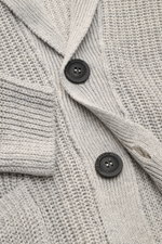 Close-up front view of Iris von Arnim Cardigan 'Larion' grey mottled showing voluminous brioche knit, rib collar, and three black buttons.

<p>A luxurious knitwear essential: With its voluminous brioche knit in the finest linen-cotton blend, this cardigan