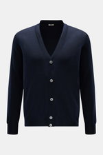 Front view of the BRAUN Hamburg Cardigan navy, a slim fit, super fine knit cardigan with V-neck, five-button placket, ribbed bands, made of a soft blend of virgin wool, cashmere, and silk. 

<p>Luxury you can feel on your skin, in a timeless and elegant d