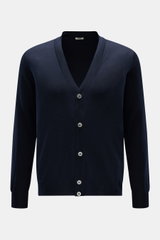Front view of the BRAUN Hamburg Cardigan navy, a slim fit, super fine knit cardigan with V-neck, five-button placket, ribbed bands, made of a soft blend of virgin wool, cashmere, and silk. 

<p>Luxury you can feel on your skin, in a timeless and elegant d