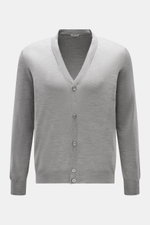 Front view of BRAUN Hamburg Cardigan grey melange in super fine knit with V-neck, five-button placket, slim fit, and ribbed bands.

Description: <p>Luxury you can feel on your skin, in a timeless and elegant design: This fine knit cardigan by BRAUN HAMBUR