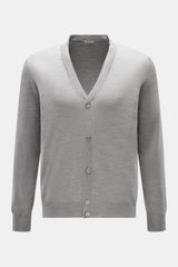 Front view of BRAUN Hamburg Cardigan grey melange in super fine knit with V-neck, five-button placket, slim fit, and ribbed bands.

Description: <p>Luxury you can feel on your skin, in a timeless and elegant design: This fine knit cardigan by BRAUN HAMBUR