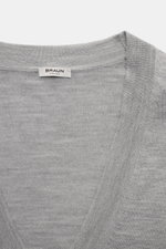 Close-up front top view of the BRAUN Hamburg Cardigan grey melange showcasing its V-neck, fine knit, and ribbed bands in a soft blend of virgin wool, cashmere, and silk.

Description: <p>Luxury you can feel on your skin, in a timeless and elegant design: 
