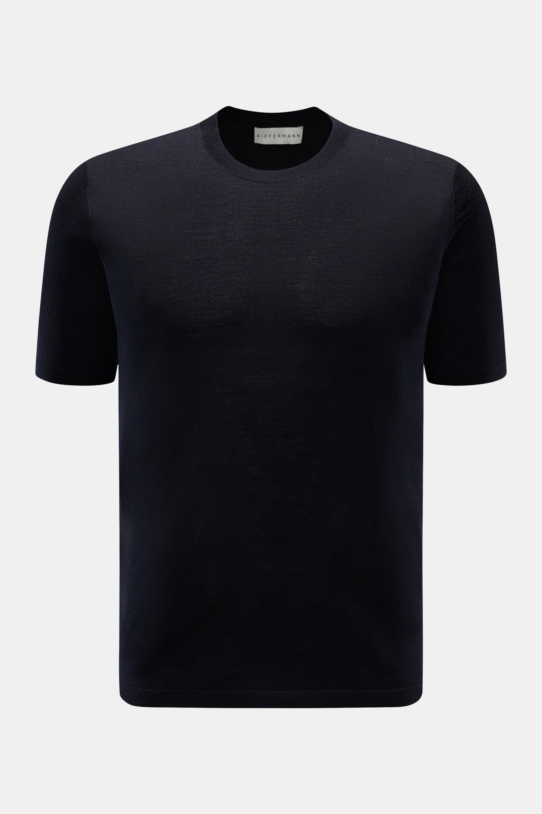 Kiefermann Merino Kurzarmpullover 'Georgs' dark navy, Slim Fit, Rundhalsausschnitt, feines Strickbild, weicher Griff, reine Merinowolle, frontale Perspektive.