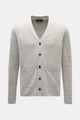 Filippo de Laurentiis Cardigan grau meliert, Frontansicht, leichter Leinen-Baumwoll-Mix, Regular Fit, 5-Knopf-Leiste, aufgesetzte Hüfttaschen, Rippbündchen.