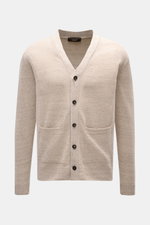 Filippo de Laurentiis Cardigan beige meliert, leichter Materialmix aus Leinen und Baumwolle, Regular Fit, fünf Knöpfe, zwei Hüfttaschen, Frontansicht.