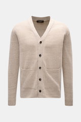 Filippo de Laurentiis Cardigan beige meliert, leichter Materialmix aus Leinen und Baumwolle, Regular Fit, fünf Knöpfe, zwei Hüfttaschen, Frontansicht.