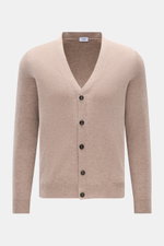 von Braun Cashmere Cardigan beige front view, slim fit with five-button placket, elastic rib cuffs, soft pure Mongolian cashmere knit.