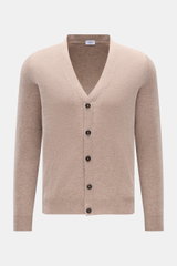von Braun Cashmere Cardigan beige front view, slim fit with five-button placket, elastic rib cuffs, soft pure Mongolian cashmere knit.
