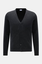 Front view of a von Braun Cashmere cardigan dark grey mottled, made from pure Mongolian cashmere with a soft feel, fine knit, slim fit, five-button placket, and elasticated ribbed bands, a classic layering piece for office and transitional seasons.