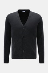 Front view of a von Braun Cashmere cardigan dark grey mottled, made from pure Mongolian cashmere with a soft feel, fine knit, slim fit, five-button placket, and elasticated ribbed bands, a classic layering piece for office and transitional seasons.