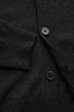 Close-up front view of von Braun Cashmere cardigan dark grey mottled showing fine knit, five-button placket, elasticated ribbed bands, and soft pure cashmere fabric.
