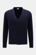 Front view of the von Braun Cashmere cardigan navy in pure Mongolian cashmere, slim fit with five-button placket, elasticated ribbed bands, and fine knit, soft feel, perfect for office and layering in transitional seasons.