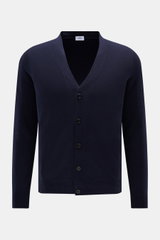 Front view of the von Braun Cashmere cardigan navy in pure Mongolian cashmere, slim fit with five-button placket, elasticated ribbed bands, and fine knit, soft feel, perfect for office and layering in transitional seasons.