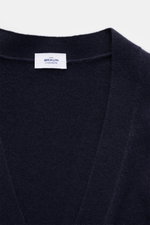 Close-up front view of the von Braun Cashmere cardigan navy showing fine knit texture and label; pure Mongolian cashmere, soft feel, slim fit, five-button placket, elasticated ribbed bands; a classic office layering piece for transitional seasons.