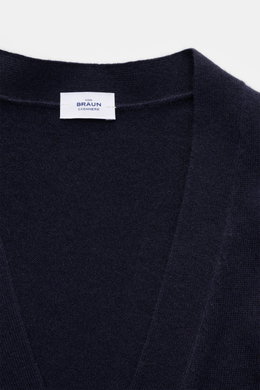 Close-up front view of the von Braun Cashmere cardigan navy showing fine knit texture and label; pure Mongolian cashmere, soft feel, slim fit, five-button placket, elasticated ribbed bands; a classic office layering piece for transitional seasons.