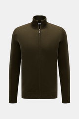 von Braun Cashmere Strickjacke dark olive, frontal fotografiert, Slim Fit, Stehkragen, Reißverschluss, weicher Griff, feines Strickbild, reine Cashmerequalität, komfortable Rippbündchen, luxuriöses Basic für kalte Tage.