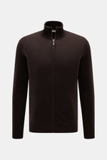 von Braun Cashmere Strickjacke dunkelbraun, frontal fotografiert, Slim Fit, Stehkragen, Reißverschluss, reiner mongolischer Cashmere, weicher Griff, feines Strickbild, komfortable Rippbündchen, luxuriöses Basic für kalte Tage.