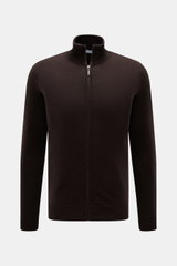 von Braun Cashmere Strickjacke dunkelbraun, frontal fotografiert, Slim Fit, Stehkragen, Reißverschluss, reiner mongolischer Cashmere, weicher Griff, feines Strickbild, komfortable Rippbündchen, luxuriöses Basic für kalte Tage.