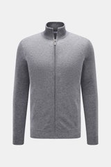 von Braun Cashmere Strickjacke grau meliert in Slim Fit, Frontansicht mit Reißverschluss, Stehkragen, weichem Griff, feinem Strickbild, Rippbündchen, reiner Cashmere.