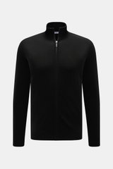 von Braun Cashmere Strickjacke schwarz, frontal fotografiert, Slim Fit mit Reißverschluss, Stehkragen, weichem Griff und feinem Strickbild, komfortable Rippbündchen, reiner mongolischer Cashmere, edles Layering-Piece für Herbst und Winter.