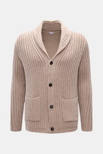 Front view of a slim fit von Braun Cashmere cardigan beige in chunky brioche stitch knit, featuring a shawl collar, four-button placket, two front pockets, made from pure Mongolian cashmere with a soft feel, designed for layering in colder months.