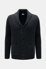 Front view of von Braun Cashmere cardigan anthracite mottled in slim fit, chunky brioche stitch with shawl collar and four-button placket, featuring pure Mongolian cashmere for a soft feel, ideal for less chunky layering during colder months.