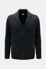 Front view of von Braun Cashmere cardigan anthracite mottled in slim fit, chunky brioche stitch with shawl collar and four-button placket, featuring pure Mongolian cashmere for a soft feel, ideal for less chunky layering during colder months.