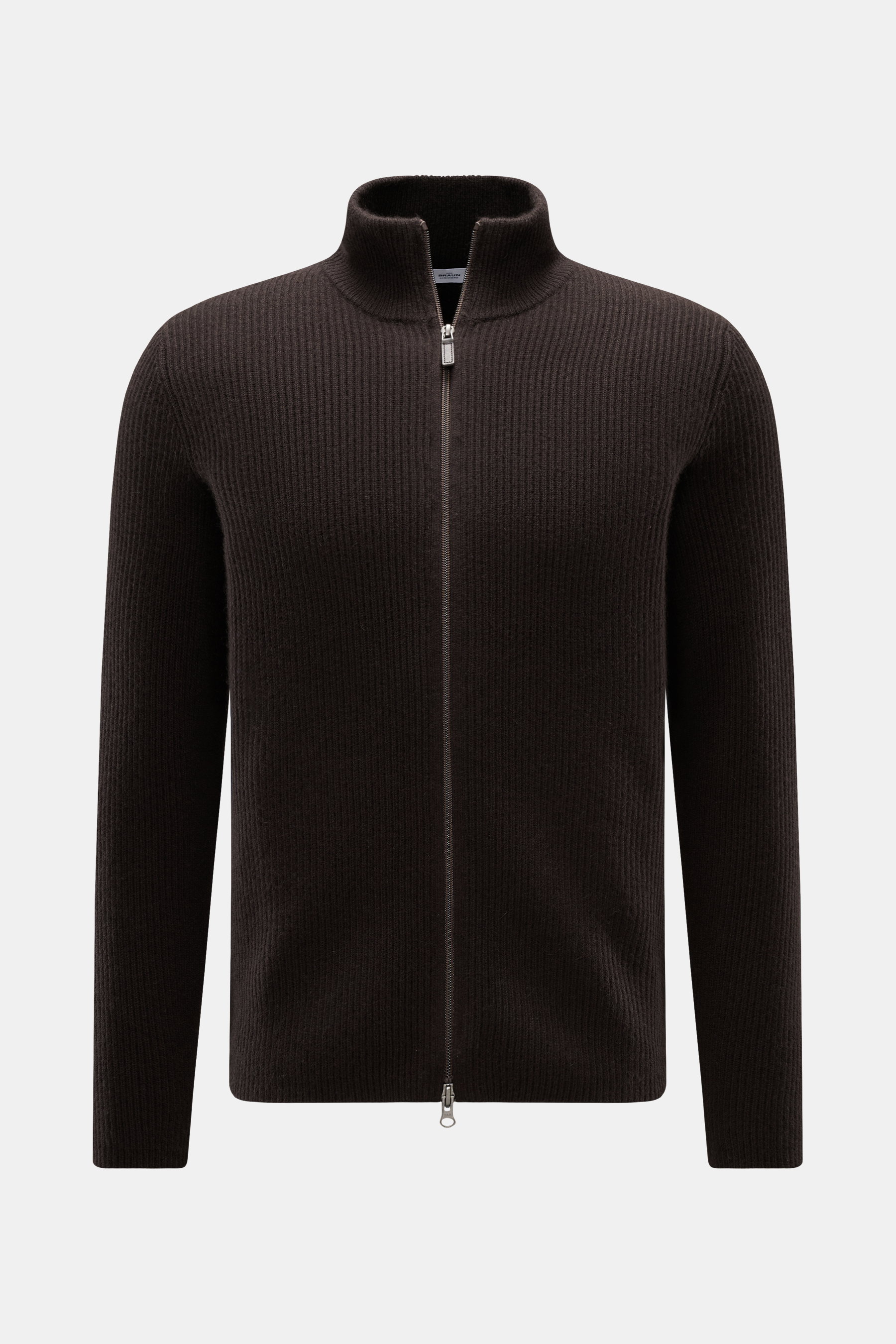 von Braun Cashmere Strickjacke dunkelbraun, frontale Ansicht, Slim Fit, Patentstrick, hoher Kragen, Zwei-Wege-Reißverschluss, Rippbündchen, mongolischer Cashmere, weicher Griff, mittelfeines Strickbild, edle Freizeitjacke.