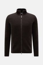 von Braun Cashmere Strickjacke dunkelbraun, frontale Ansicht, Slim Fit, Patentstrick, hoher Kragen, Zwei-Wege-Reißverschluss, Rippbündchen, mongolischer Cashmere, weicher Griff, mittelfeines Strickbild, edle Freizeitjacke.