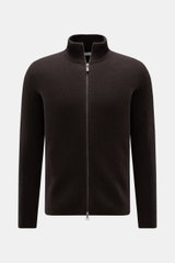 von Braun Cashmere Strickjacke dunkelbraun, frontale Ansicht, Slim Fit, Patentstrick, hoher Kragen, Zwei-Wege-Reißverschluss, Rippbündchen, mongolischer Cashmere, weicher Griff, mittelfeines Strickbild, edle Freizeitjacke.