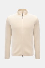 von Braun Cashmere Strickjacke offwhite in Slim Fit, aus weichem mongolischem Cashmere mit Patentstrick, Zwei-Wege-Reißverschluss, hoch geschlossenem Kragen, frontal fotografiert.