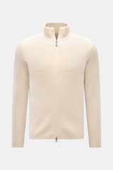 von Braun Cashmere Strickjacke offwhite in Slim Fit, aus weichem mongolischem Cashmere mit Patentstrick, Zwei-Wege-Reißverschluss, hoch geschlossenem Kragen, frontal fotografiert.