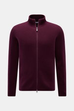 von Braun Cashmere Strickjacke bordeaux in Slim Fit, Frontansicht, hoher Kragen, Zwei-Wege-Reißverschluss, weicher mongolischer Cashmere, Patentstrick, mittelfeines Strickbild, Rippbündchen.