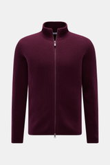 von Braun Cashmere Strickjacke bordeaux in Slim Fit, Frontansicht, hoher Kragen, Zwei-Wege-Reißverschluss, weicher mongolischer Cashmere, Patentstrick, mittelfeines Strickbild, Rippbündchen.