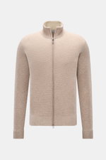 von Braun Cashmere Strickjacke beige meliert, Slim Fit mit hoch schließendem Kragen, Zwei-Wege-Reißverschluss, edler Strukturstrick, Frontansicht, weicher Griff, mongolischer Cashmere.