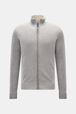 Front view of von Braun Cashmere cardigan grey mottled, slim fit with fine textured knit, two-way zip, high collar, and ribbed bands.

Description: <p>Maximum comfort with the highest standards: This cardigan in a textured knit from VON BRAUN’s cashmere c
