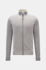 Front view of von Braun Cashmere cardigan grey mottled, slim fit with fine textured knit, two-way zip, high collar, and ribbed bands.

Description: <p>Maximum comfort with the highest standards: This cardigan in a textured knit from VON BRAUN’s cashmere c