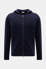 von Braun Cashmere Strickjacke navy, frontal fotografiert, Slim Fit mit Kapuze, Zwei-Wege-Reißverschluss, reiner, weicher Cashmere, feines Strickbild, Rippbündchen.
