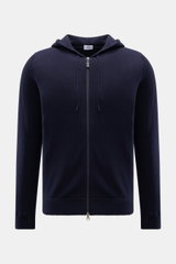 von Braun Cashmere Strickjacke navy, frontal fotografiert, Slim Fit mit Kapuze, Zwei-Wege-Reißverschluss, reiner, weicher Cashmere, feines Strickbild, Rippbündchen.