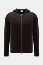 von Braun Cashmere Strickjacke dunkelbraun, frontale Ansicht, mit Kapuze, Tunnelzug, Zwei-Wege-Reißverschluss, Slim Fit, weichem Griff, feinem Strickbild, Rippbündchen, reiner mongolischer Cashmere.