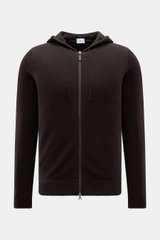 von Braun Cashmere Strickjacke dunkelbraun, frontale Ansicht, mit Kapuze, Tunnelzug, Zwei-Wege-Reißverschluss, Slim Fit, weichem Griff, feinem Strickbild, Rippbündchen, reiner mongolischer Cashmere.