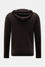 von Braun Cashmere Strickjacke dunkelbraun, Rückansicht, Slim Fit, Kapuze mit Tunnelzug, Zwei-Wege-Reißverschluss, weicher Griff, feines Strickbild, komfortable Rippbündchen, reiner mongolischer Cashmere.