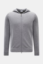 von Braun Cashmere Strickjacke grau meliert, Slim Fit mit Kapuze, Tunnelzug, Zwei-Wege-Reißverschluss, weicher Griff, feines Strickbild, frontal fotografiert.