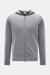 von Braun Cashmere Strickjacke grau meliert, Slim Fit mit Kapuze, Tunnelzug, Zwei-Wege-Reißverschluss, weicher Griff, feines Strickbild, frontal fotografiert.