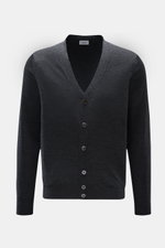 Front view of von Braun Merino cardigan anthracite mottled in pure merino wool, soft feel, very fine knit, regular fit, five-button placket with mother-of-pearl buttons, elasticated ribbed bands; fine knit transitional basic, perfect for office wardrobe.
